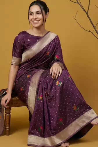 Soft organza meenakari woven saree with jamdani zari pallu and brocade blouse