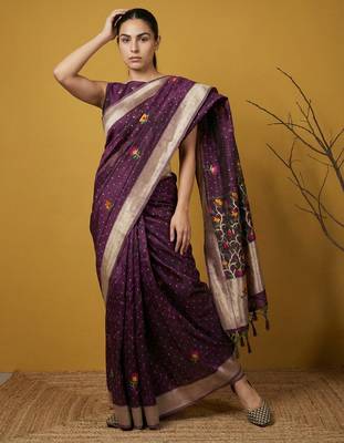 Soft organza meenakari woven saree with jamdani zari pallu and brocade blouse 4