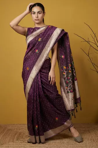 Soft organza meenakari woven saree with jamdani zari pallu and brocade blouse