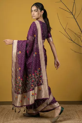 Soft organza meenakari woven saree with jamdani zari pallu and brocade blouse