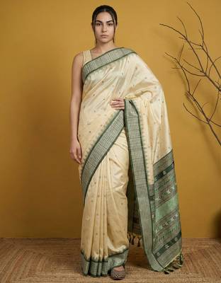 Handloom soft silk saree with zari woven motifs contrast traditional border 1