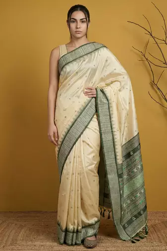 Handloom soft silk saree with zari woven motifs contrast traditional border