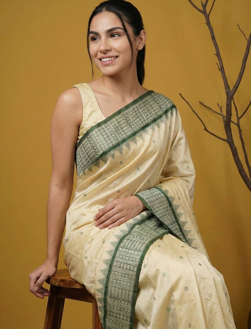 Handloom soft silk saree with zari woven motifs contrast traditional border