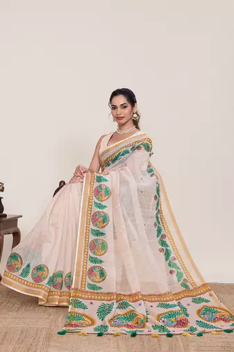 Cream linen silk blend ethnic partywear saree
