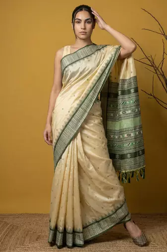 Handloom soft silk saree with zari woven motifs contrast traditional border