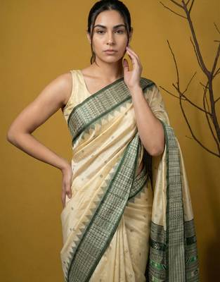 Handloom soft silk saree with zari woven motifs contrast traditional border 4