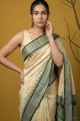 Handloom soft silk saree with zari woven motifs contrast traditional border