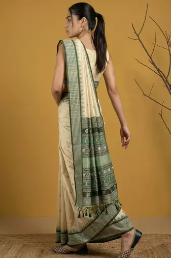 Handloom soft silk saree with zari woven motifs contrast traditional border