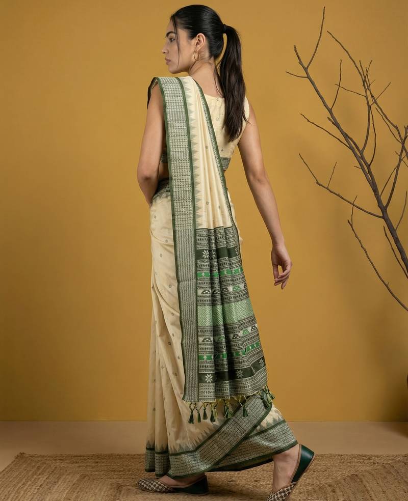 Handloom soft silk saree with zari woven motifs contrast traditional border
