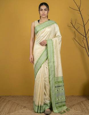 Handloom soft silk saree with zari woven motifs contrast traditional border 1