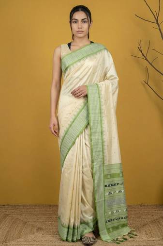 Handloom soft silk saree with zari woven motifs contrast traditional border