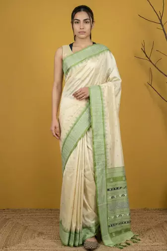 Handloom soft silk saree with zari woven motifs contrast traditional border