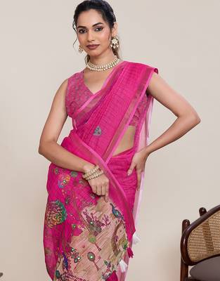 Pink linen silk blend ethnic partywear saree 3