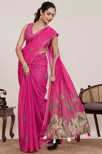 Pink linen silk blend ethnic partywear saree