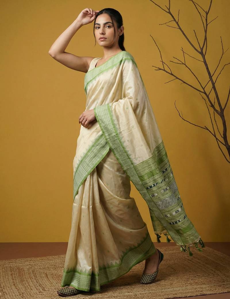 Handloom soft silk saree with zari woven motifs contrast traditional border