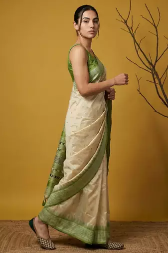 Handloom soft silk saree with zari woven motifs contrast traditional border