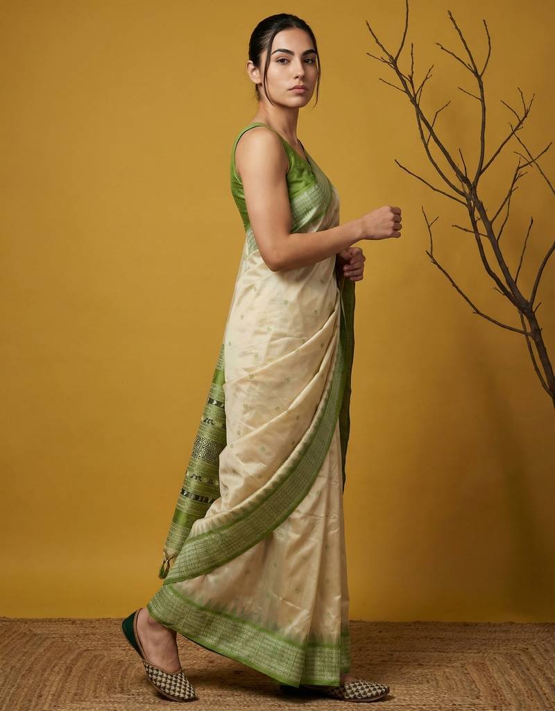 Handloom soft silk saree with zari woven motifs contrast traditional border