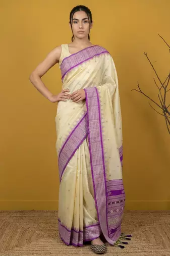 Handloom soft silk saree with zari woven motifs contrast traditional border