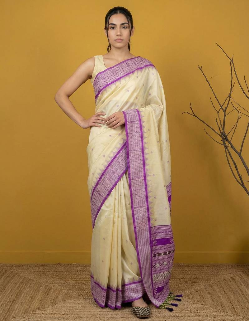 Handloom soft silk saree with zari woven motifs contrast traditional border