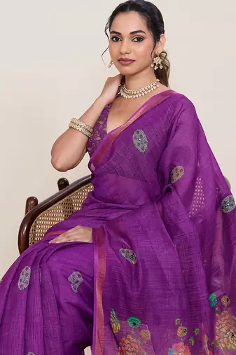 Purple linen silk blend ethnic partywear saree