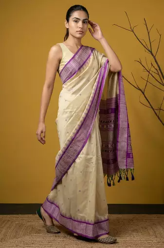 Handloom soft silk saree with zari woven motifs contrast traditional border