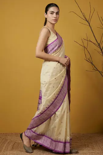 Handloom soft silk saree with zari woven motifs contrast traditional border