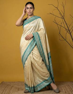Handloom soft silk saree with zari woven motifs contrast traditional border 1