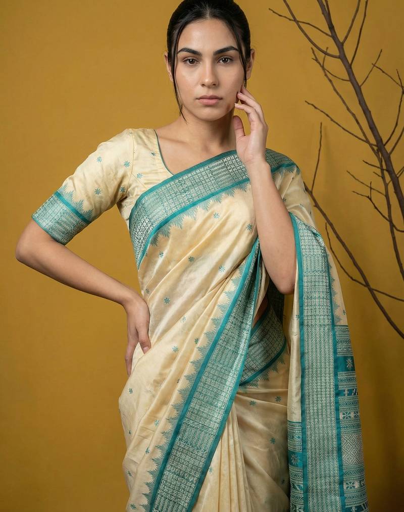 Handloom soft silk saree with zari woven motifs contrast traditional border
