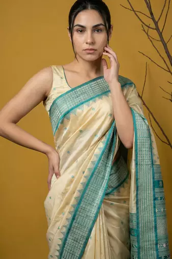 Handloom soft silk saree with zari woven motifs contrast traditional border