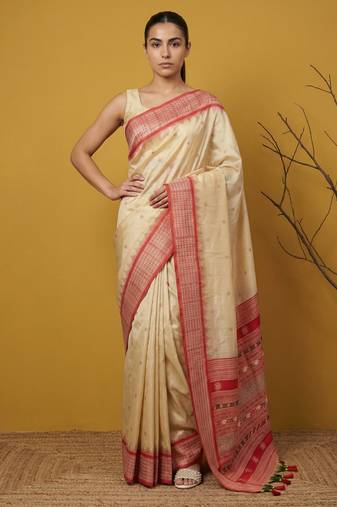 Handloom soft silk saree with zari woven motifs contrast traditional border