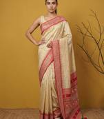 Handloom soft silk saree with zari woven motifs contrast traditional border