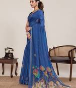 Blue color linen silk fabric ethnic partywear saree