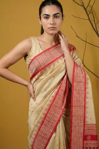 Handloom soft silk saree with zari woven motifs contrast traditional border