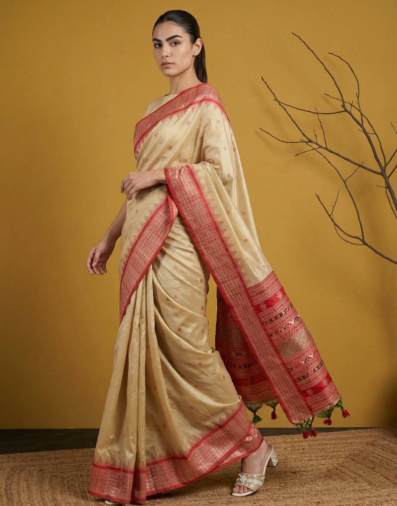 Handloom soft silk saree with zari woven motifs contrast traditional border
