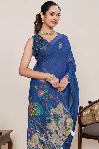 Blue linen silk blend ethnic partywear saree