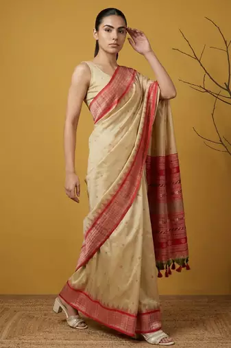 Handloom soft silk saree with zari woven motifs contrast traditional border