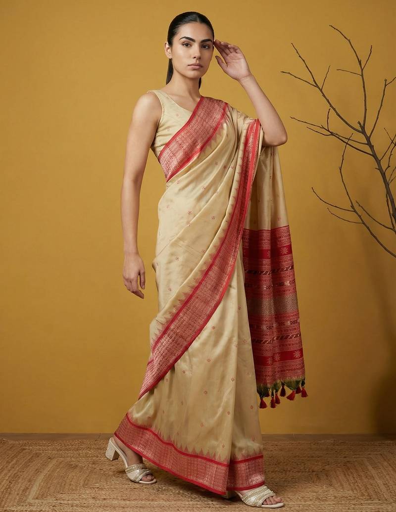 Handloom soft silk saree with zari woven motifs contrast traditional border