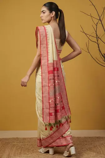 Handloom soft silk saree with zari woven motifs contrast traditional border