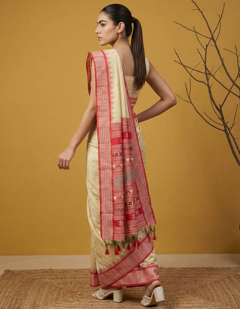 Handloom soft silk saree with zari woven motifs contrast traditional border