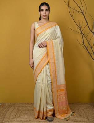 Handloom soft silk saree with zari woven motifs contrast traditional border 1