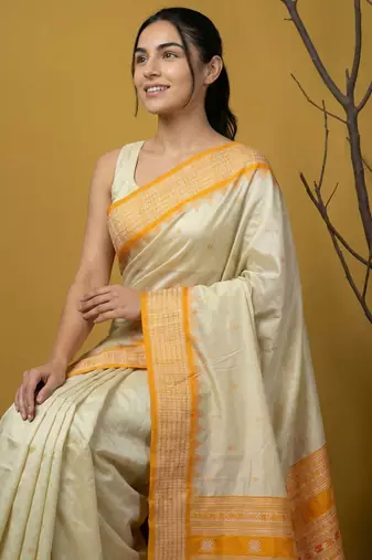 Handloom soft silk saree with zari woven motifs contrast traditional border
