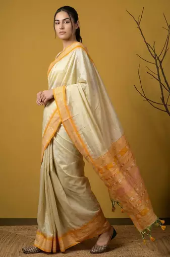 Handloom soft silk saree with zari woven motifs contrast traditional border