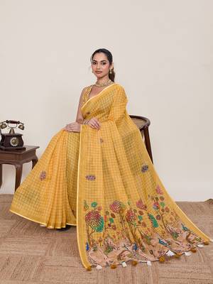 Mustard linen silk blend ethnic partywear saree 4