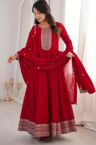 Dark red women heavy vichitra silk anarkali gown with embroidery zari & sequence work dupatta | fully flared party wear