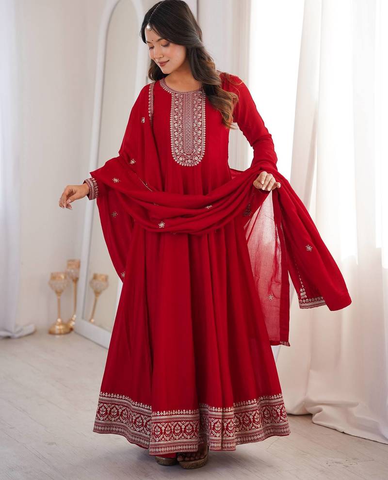 Dark red women heavy vichitra silk anarkali gown with embroidery zari & sequence work dupatta | fully flared party wear