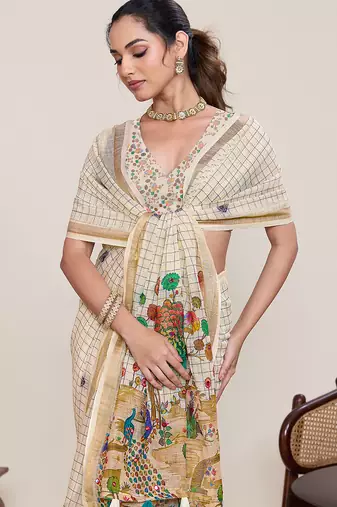 White linen silk blend ethnic partywear saree