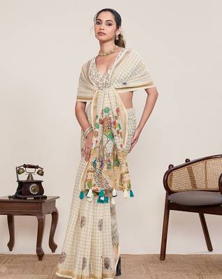 White linen silk blend ethnic partywear saree 4