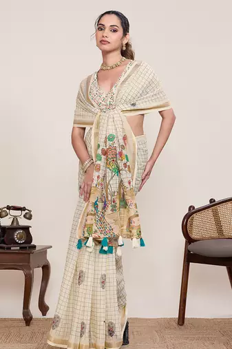 White linen silk blend ethnic partywear saree