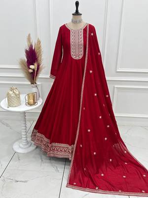Dark red women heavy vichitra silk anarkali gown with embroidery zari & sequin work dupatta fully flared party wear 4