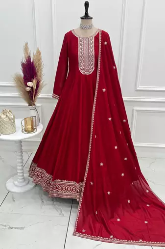 Dark red women heavy vichitra silk anarkali gown with embroidery zari & sequin work dupatta fully flared party wear